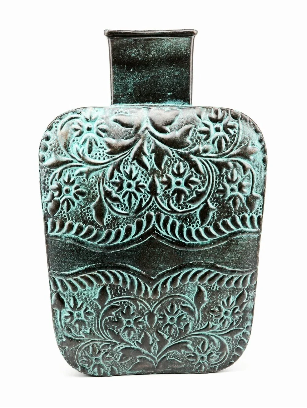 Large Ornate Embossed Pattern Steel Vase in Turquoise Patina